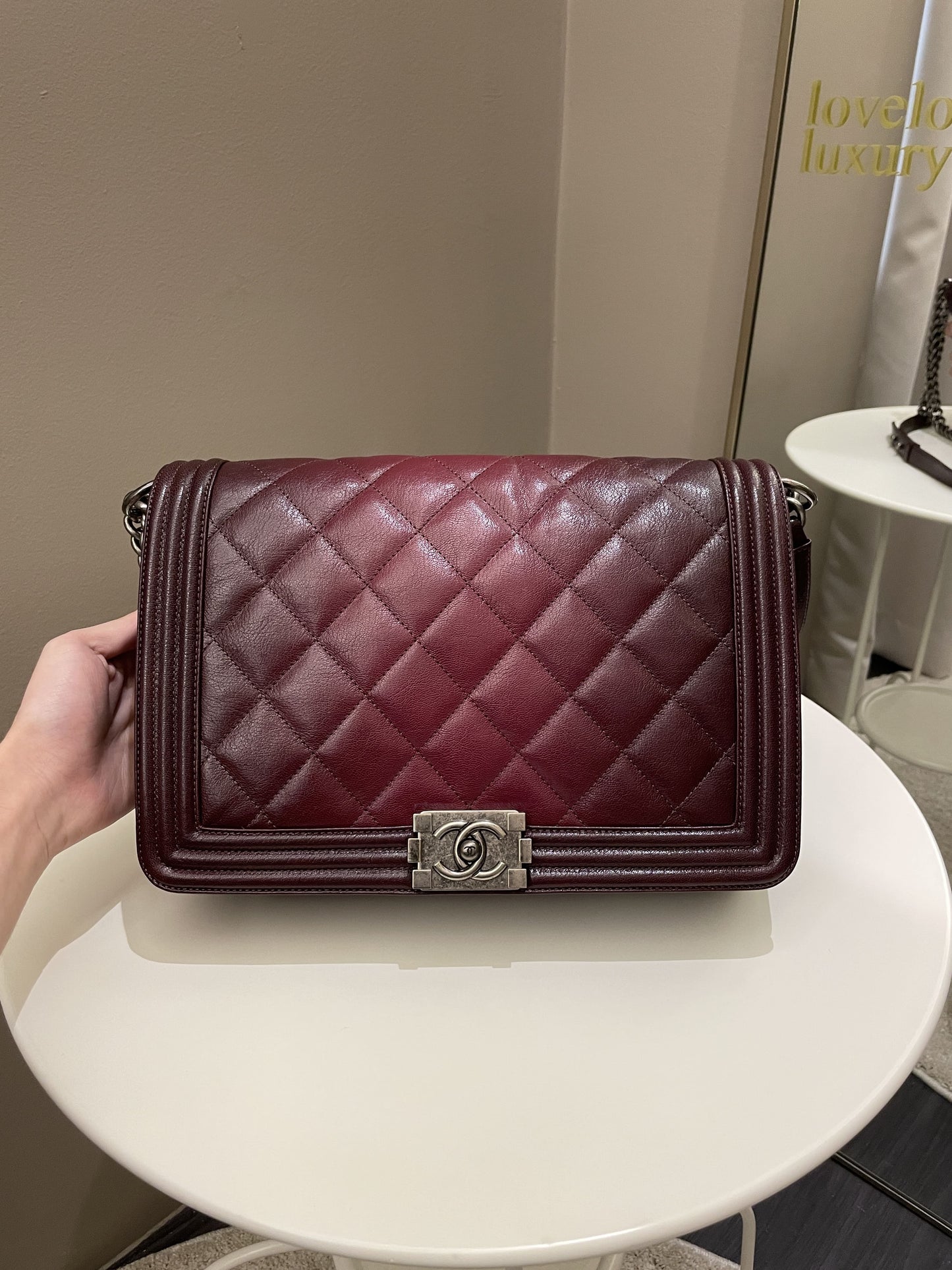 Luxury Chanel Quilted Boy Large Burgundy Ombré Calfskin