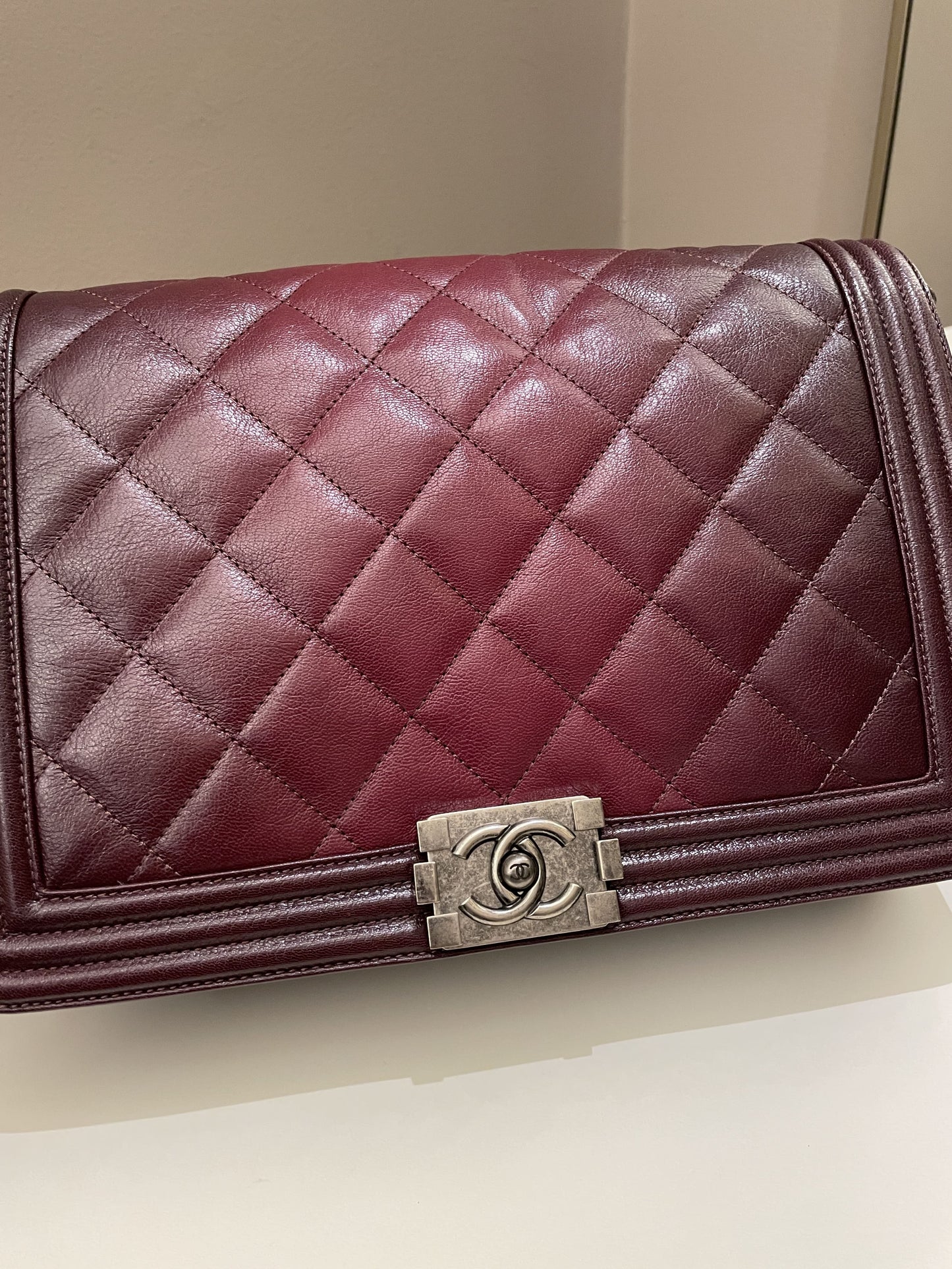Luxury Chanel Quilted Boy Large Burgundy Ombré Calfskin