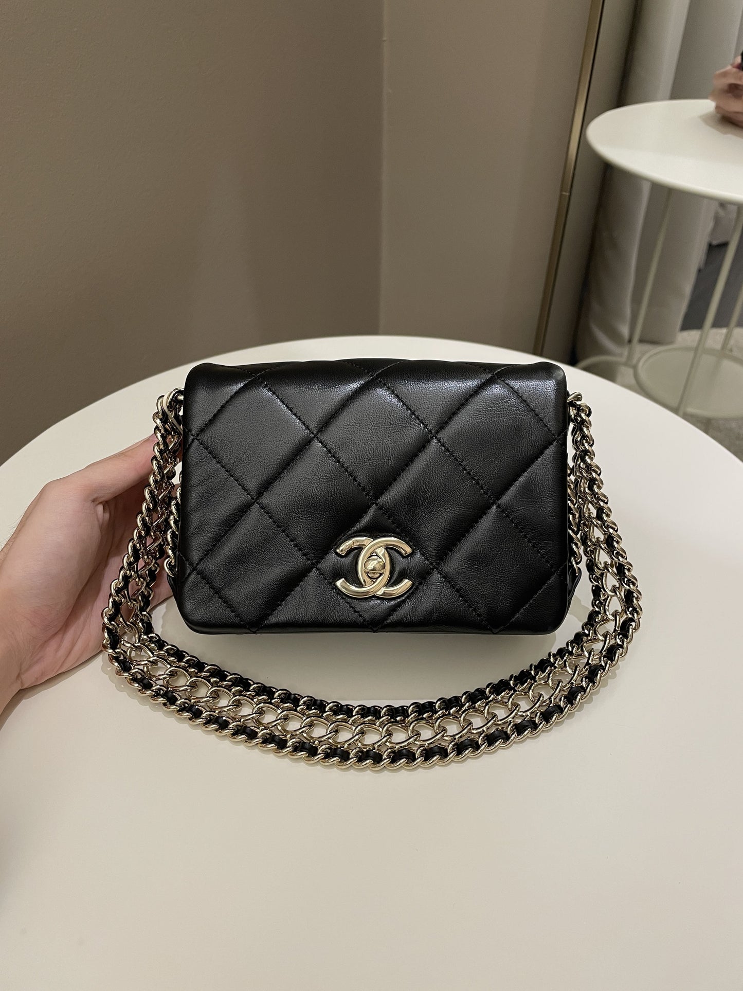 Luxury Chanel Chain Around Shoulder Flap Black Coated Lambskin