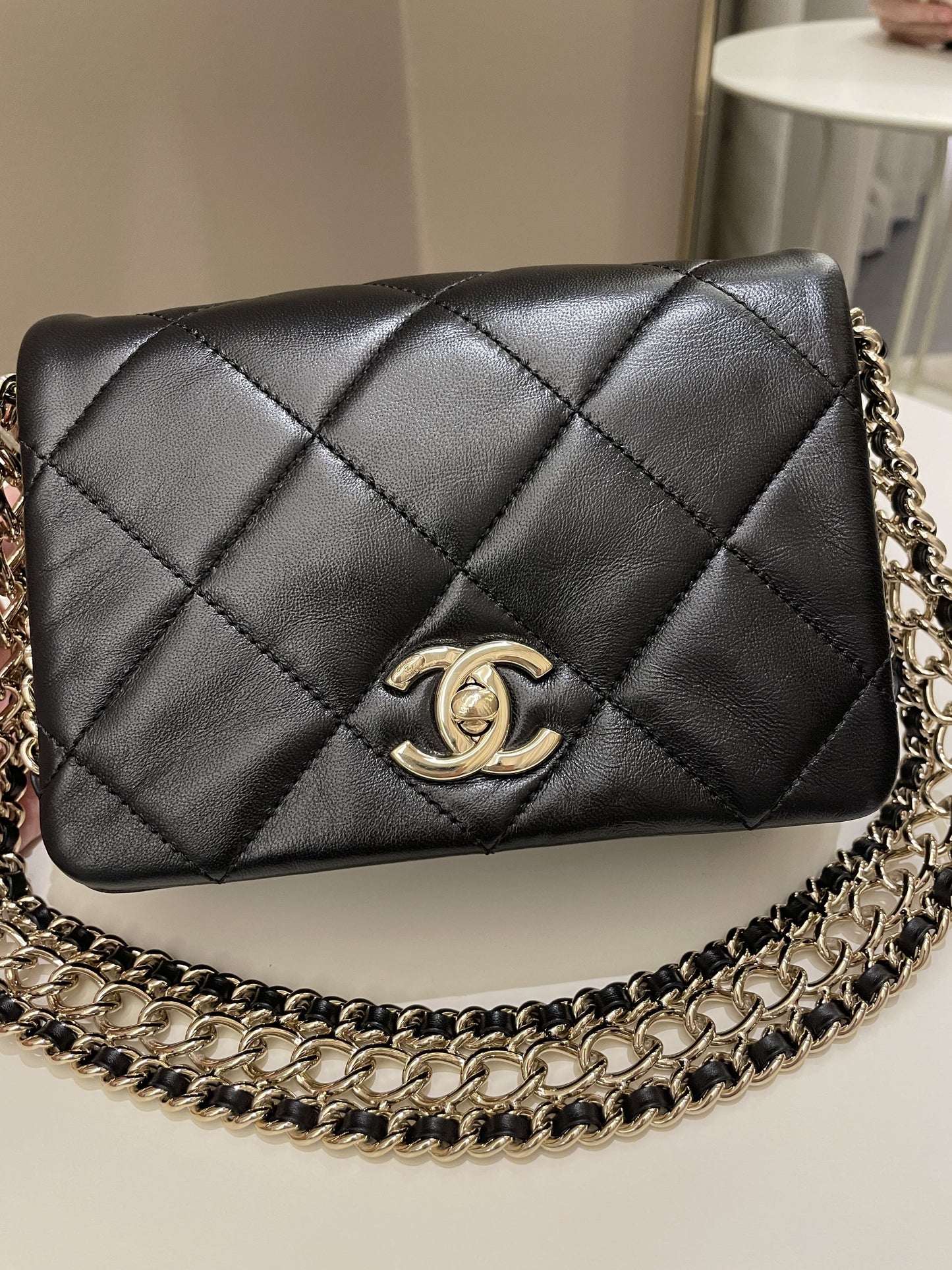 Luxury Chanel Chain Around Shoulder Flap Black Coated Lambskin