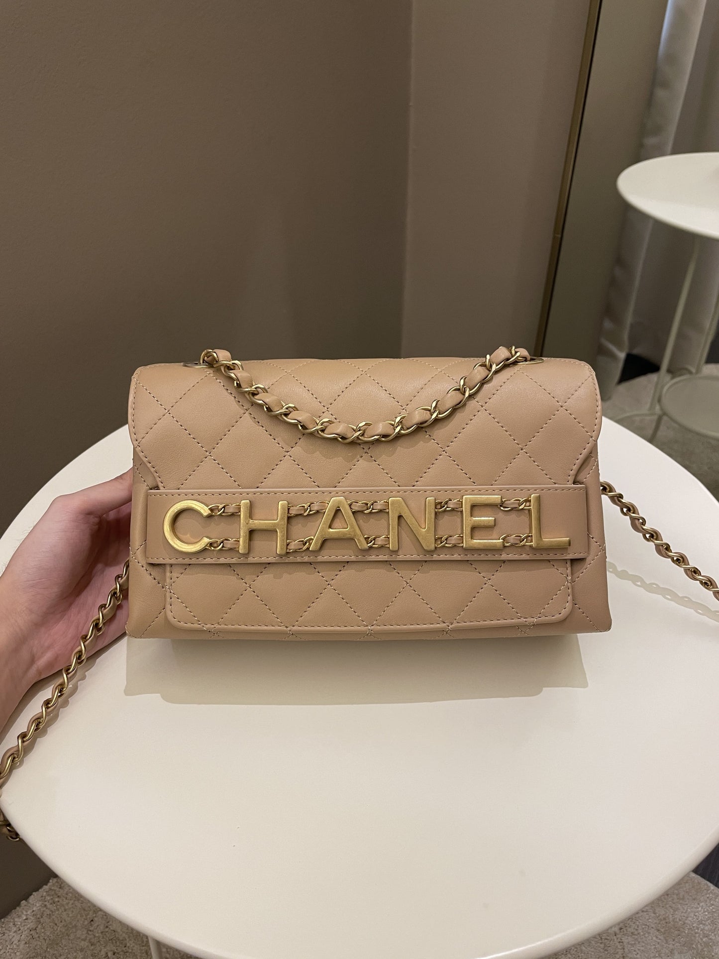 Luxury Chanel C H A N E L Lettering Flap Dark Beige Calfskin