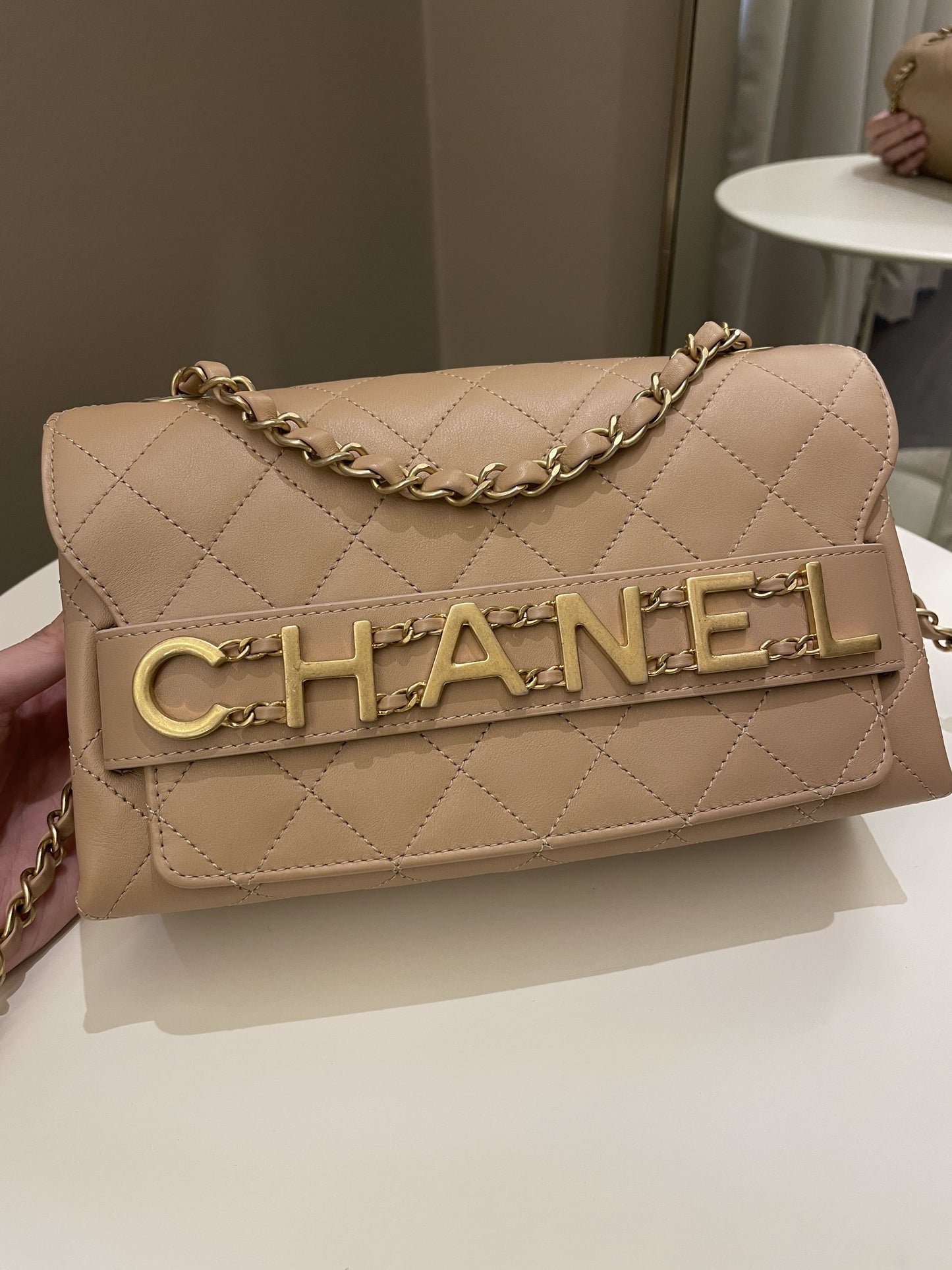 Luxury Chanel C H A N E L Lettering Flap Dark Beige Calfskin