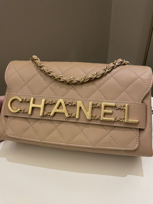 Luxury Chanel C H A N E L Lettering Flap Dark Beige Calfskin