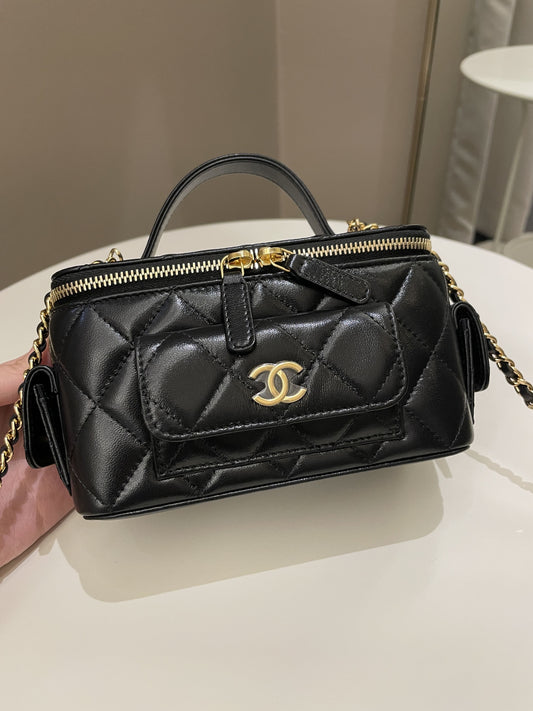 Luxury Chanel Polly Pocket Multi Pocket Vanity Case Bag Black Lambskin