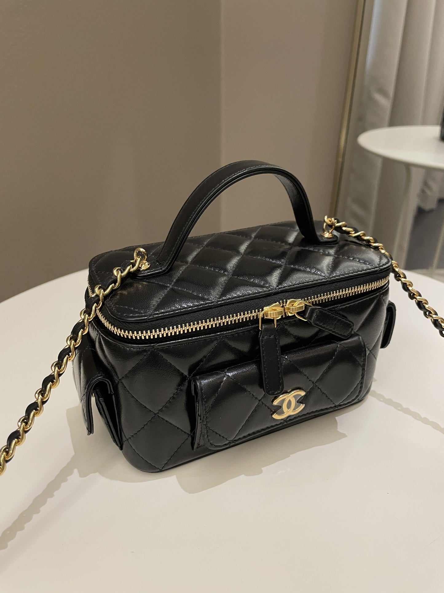 Luxury Chanel Polly Pocket Multi Pocket Vanity Case Bag Black Lambskin