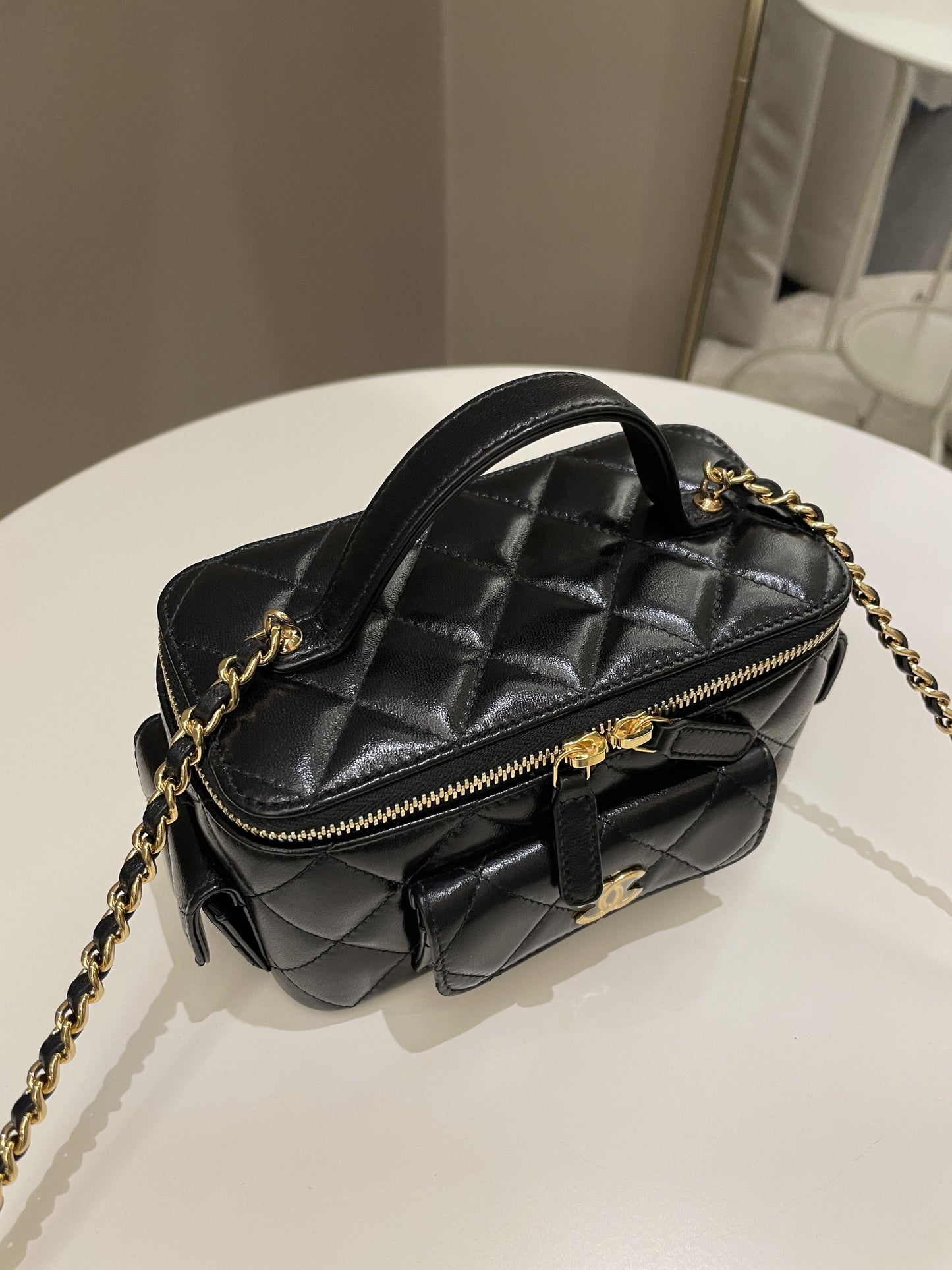 Luxury Chanel Polly Pocket Multi Pocket Vanity Case Bag Black Lambskin