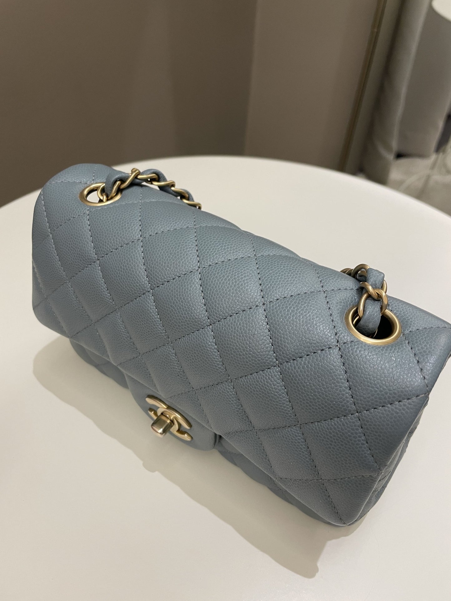 Luxury Chanel 18C Quilted Mini Rectangular Ash Blue Green Iridescent Caviar