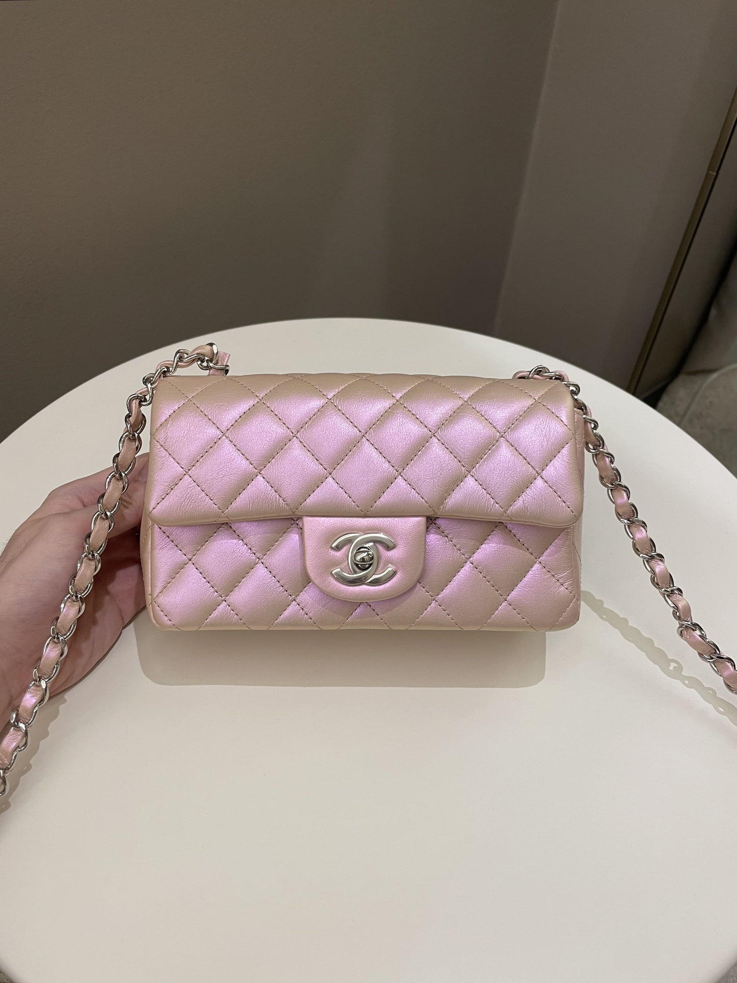 Luxury Chanel 21K Quilted Mini Rectangular Iridescent Pink Calfskin