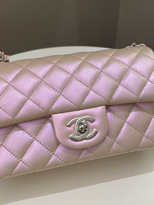 Luxury Chanel 21K Quilted Mini Rectangular Iridescent Pink Calfskin