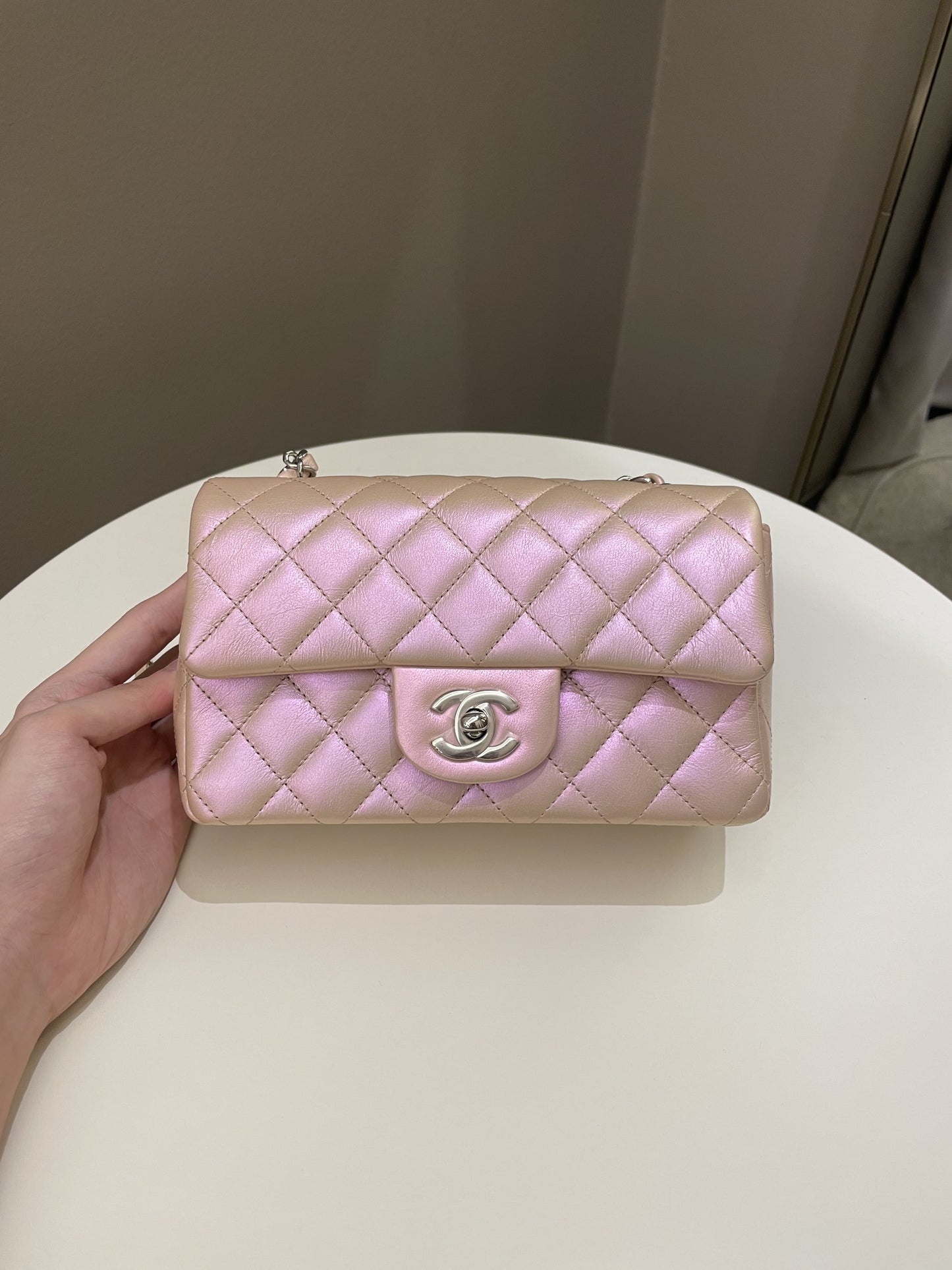 Luxury Chanel 21K Quilted Mini Rectangular Iridescent Pink Calfskin