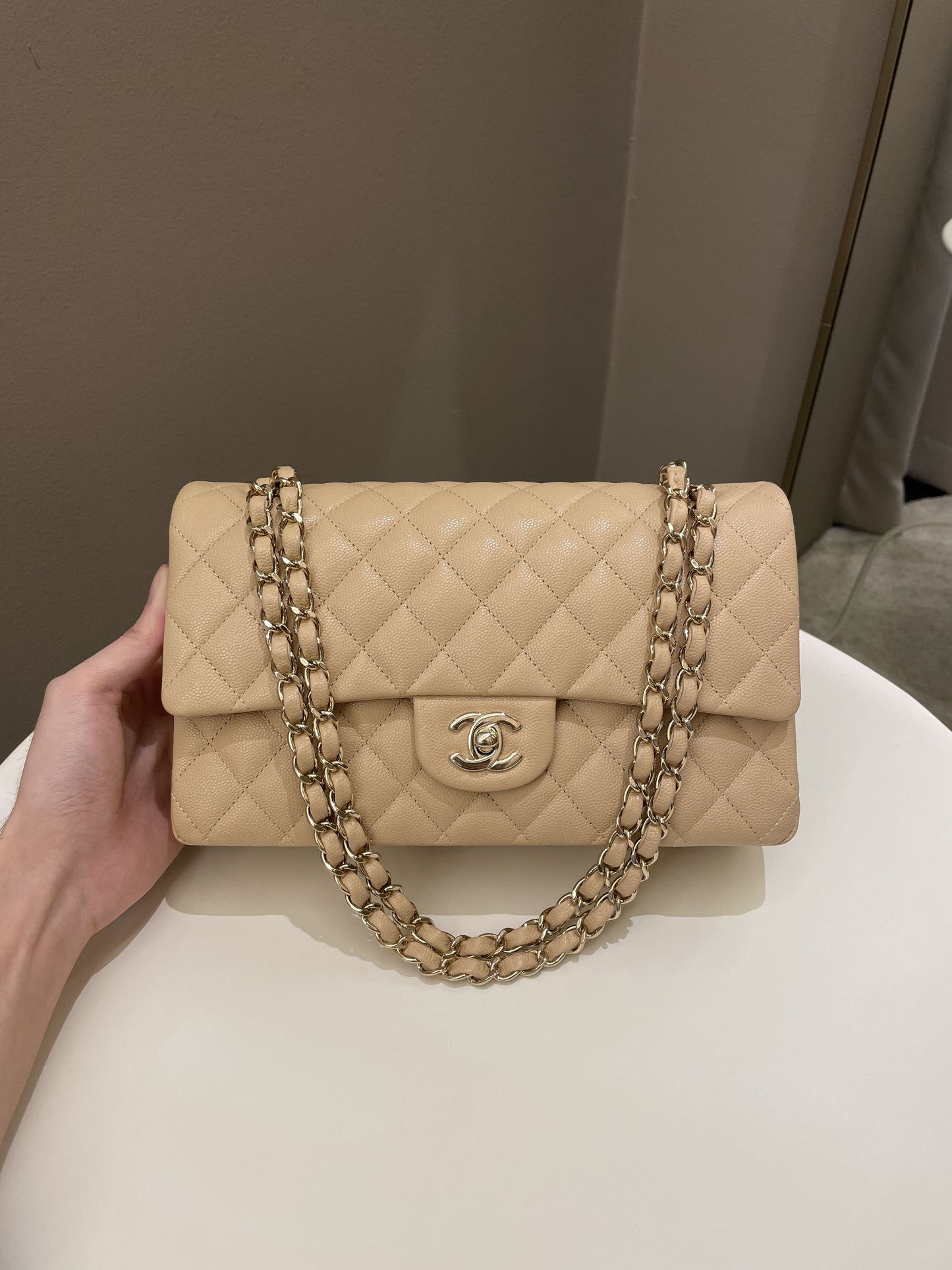 Luxury Chanel Classic Quilted Medium Double Flap Beige Caviar