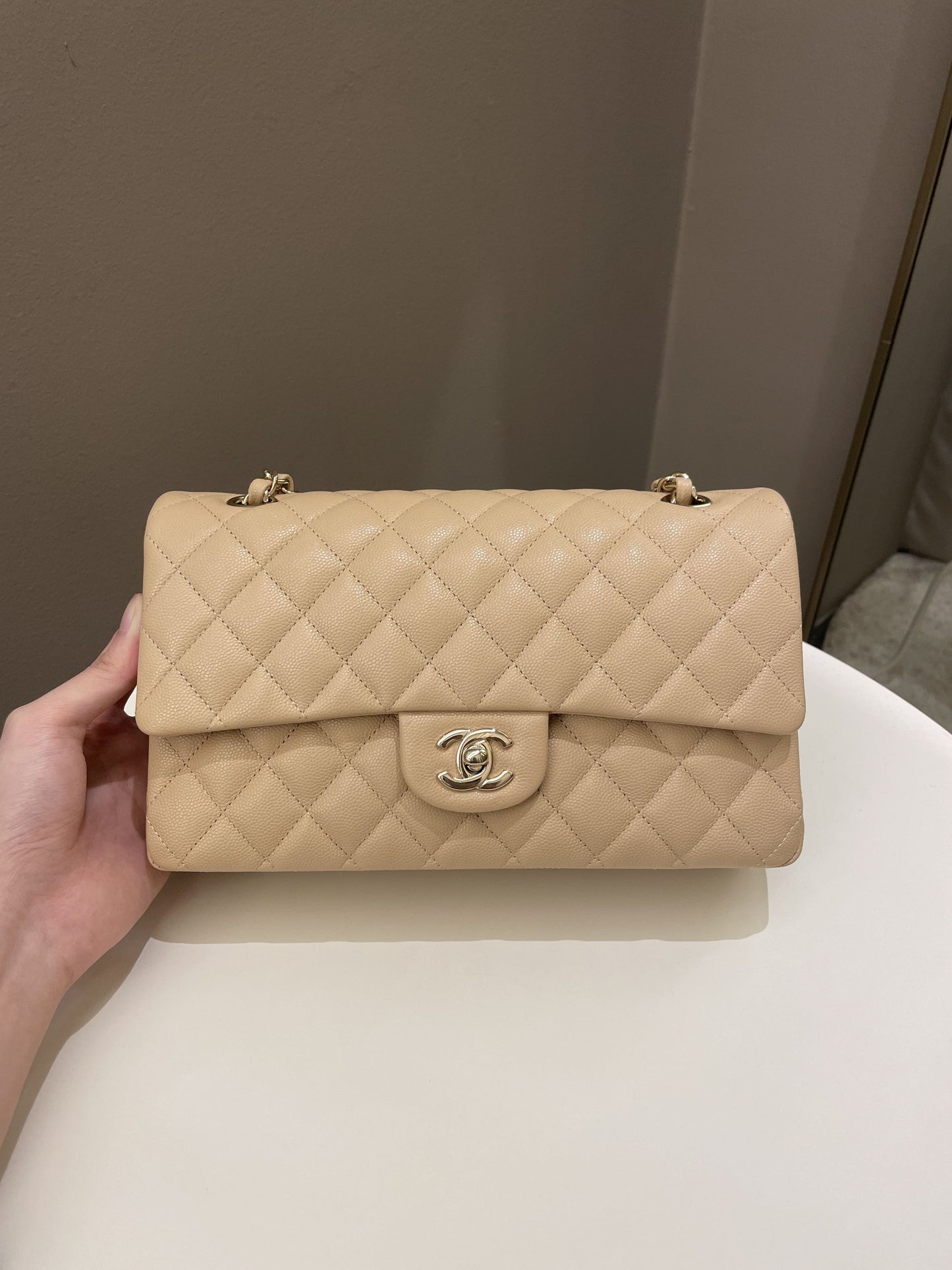 Luxury Chanel Classic Quilted Medium Double Flap Beige Caviar
