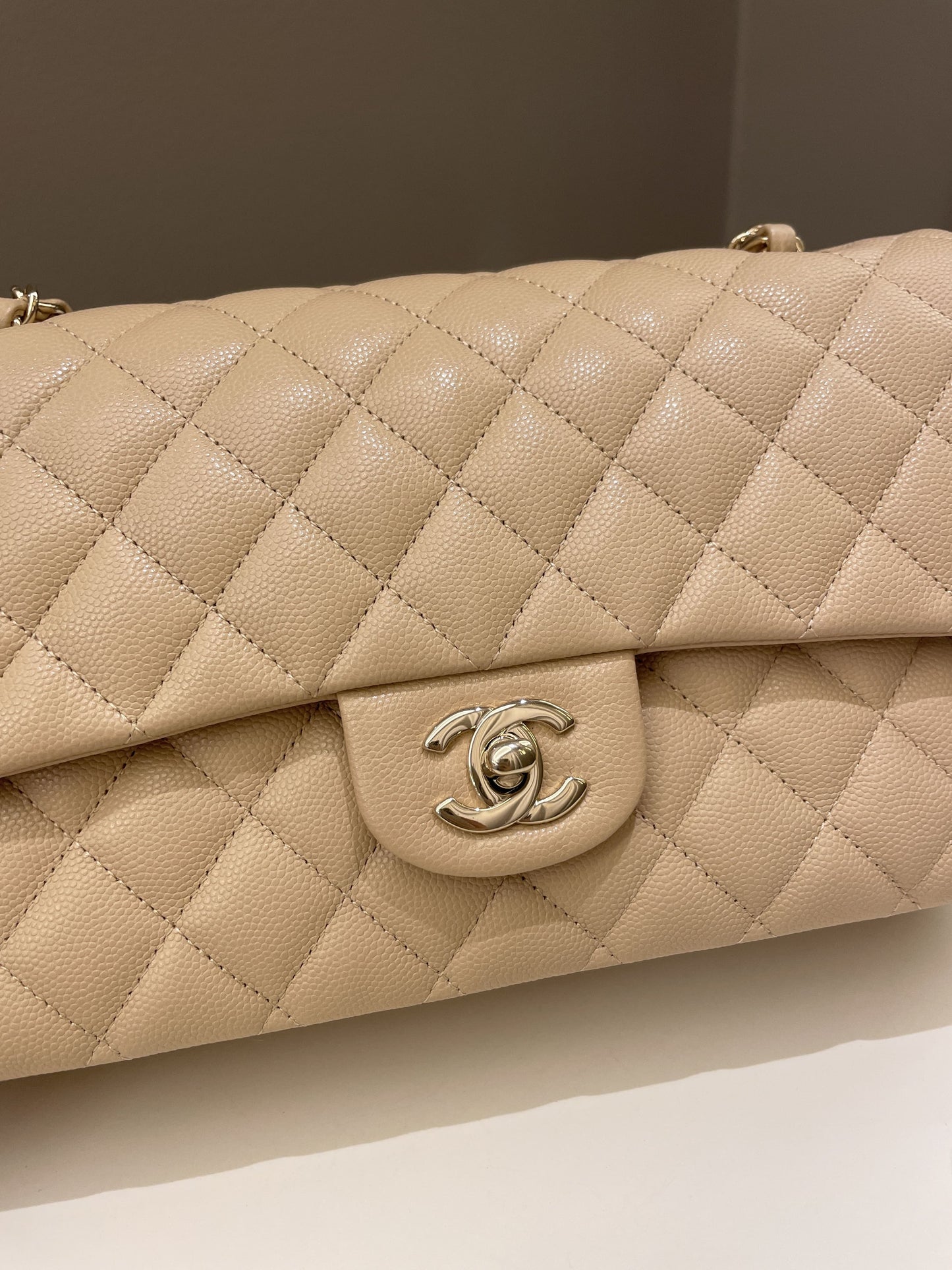 Luxury Chanel Classic Quilted Medium Double Flap Beige Caviar