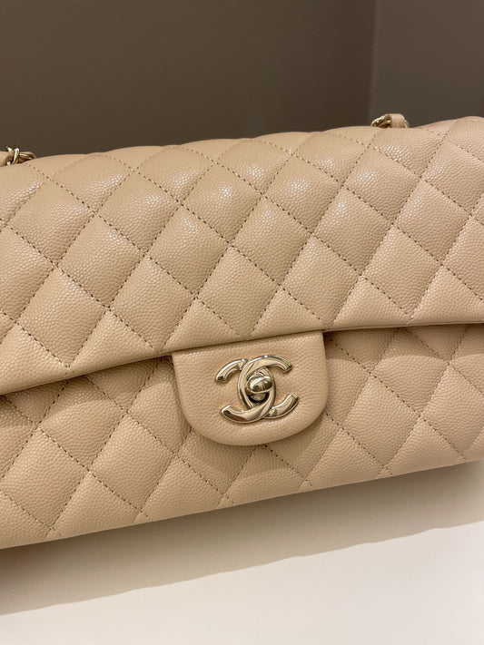 Luxury Chanel Classic Quilted Medium Double Flap Beige Caviar