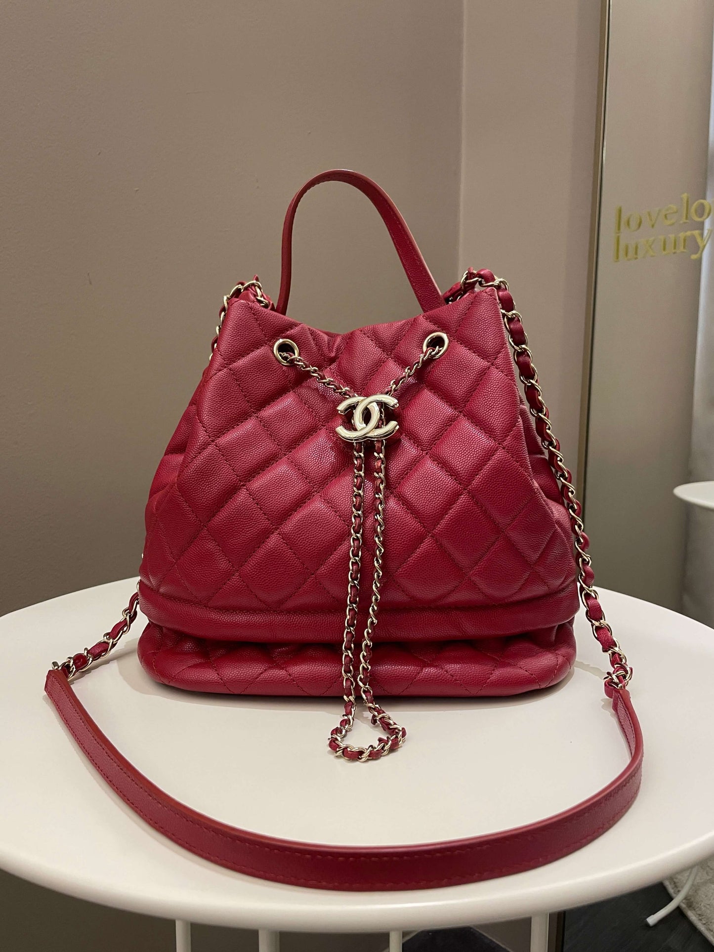 Luxury Chanel Rolled Up Bucket Drawstring Bag Red Caviar