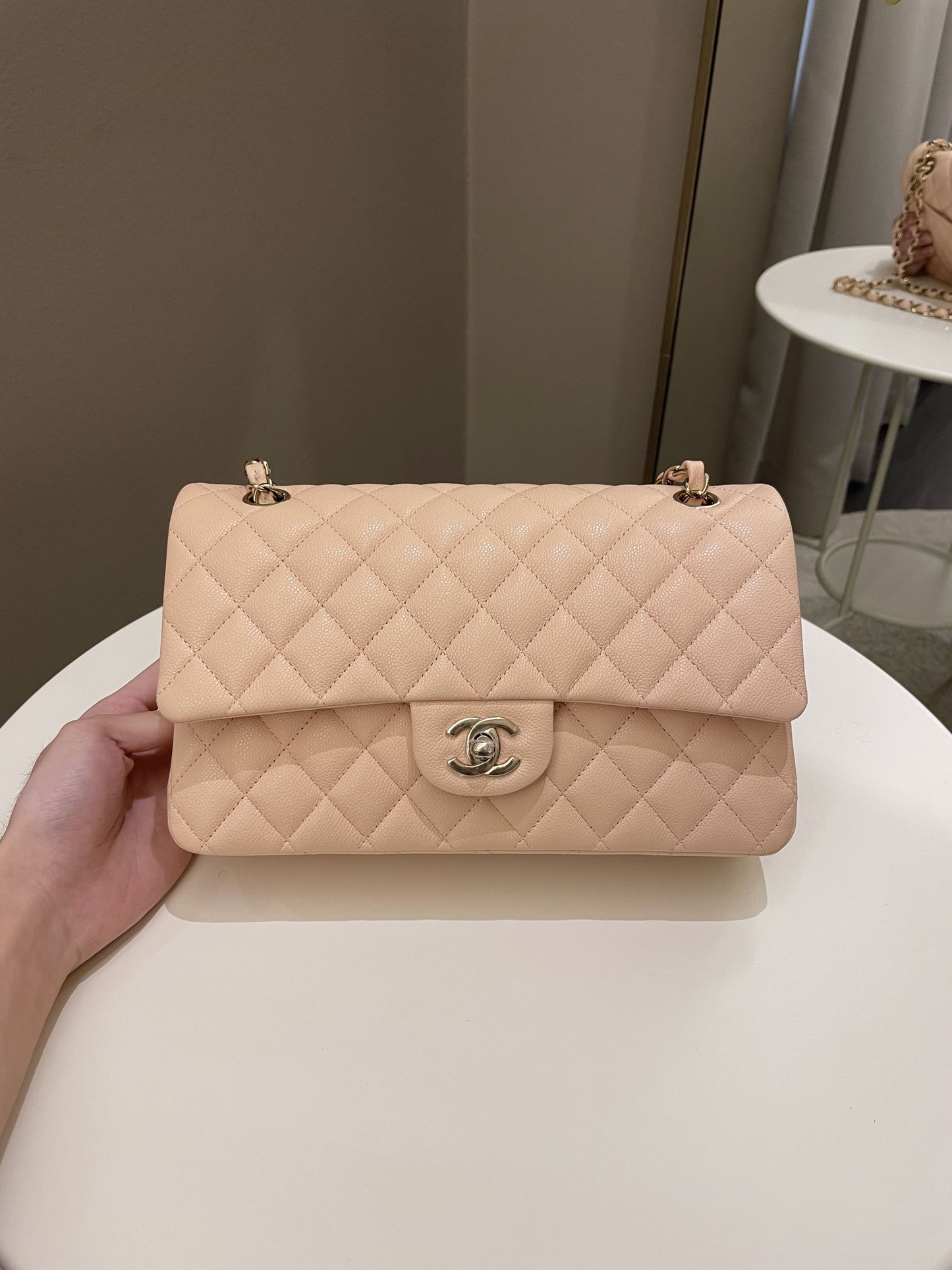 Luxury Chanel Classic Quilted Medium Double Flap Beige Caviar