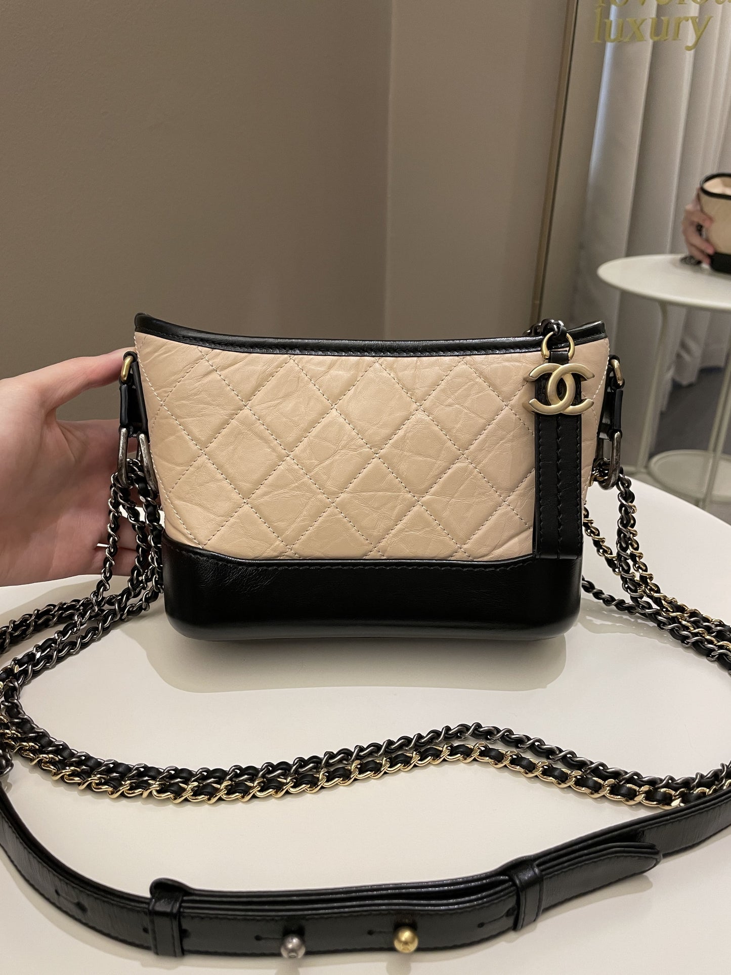Luxury Chanel Quilted Gabrielle Hobo Beige/ Black Aged Calfskin