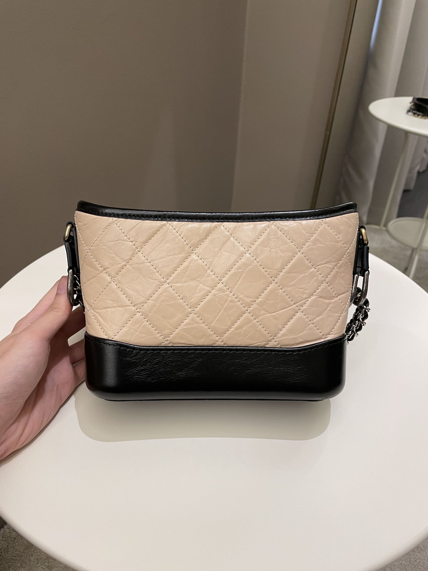 Luxury Chanel Quilted Gabrielle Hobo Beige/ Black Aged Calfskin