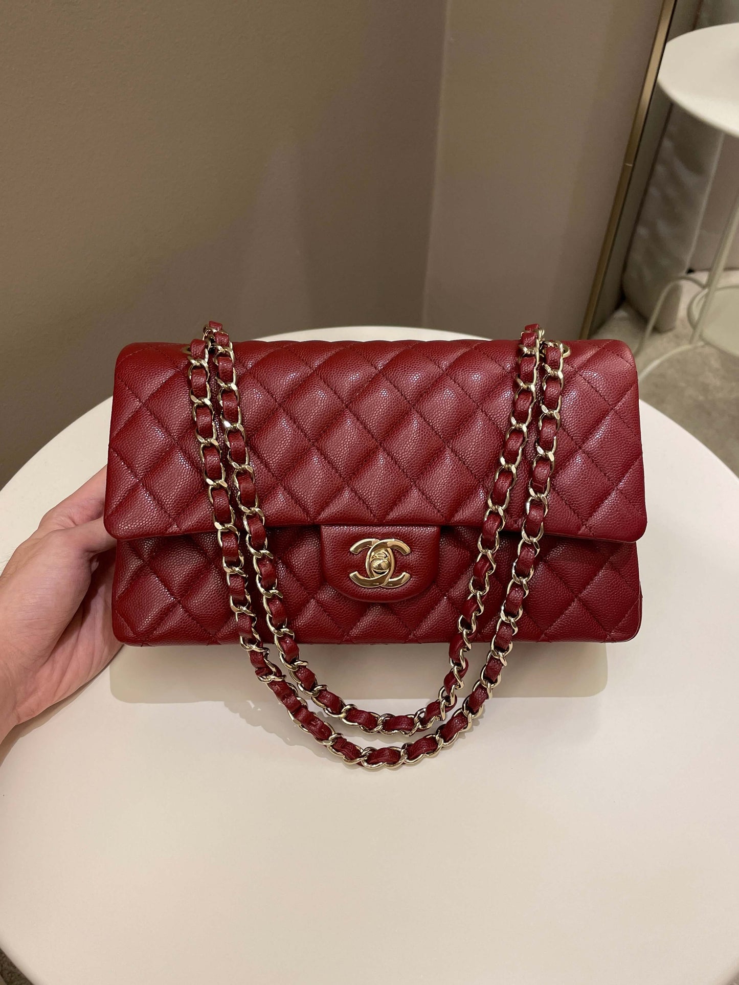 Luxury Chanel 19B Classic Medium Double Flap Burgundy Wine Caviar