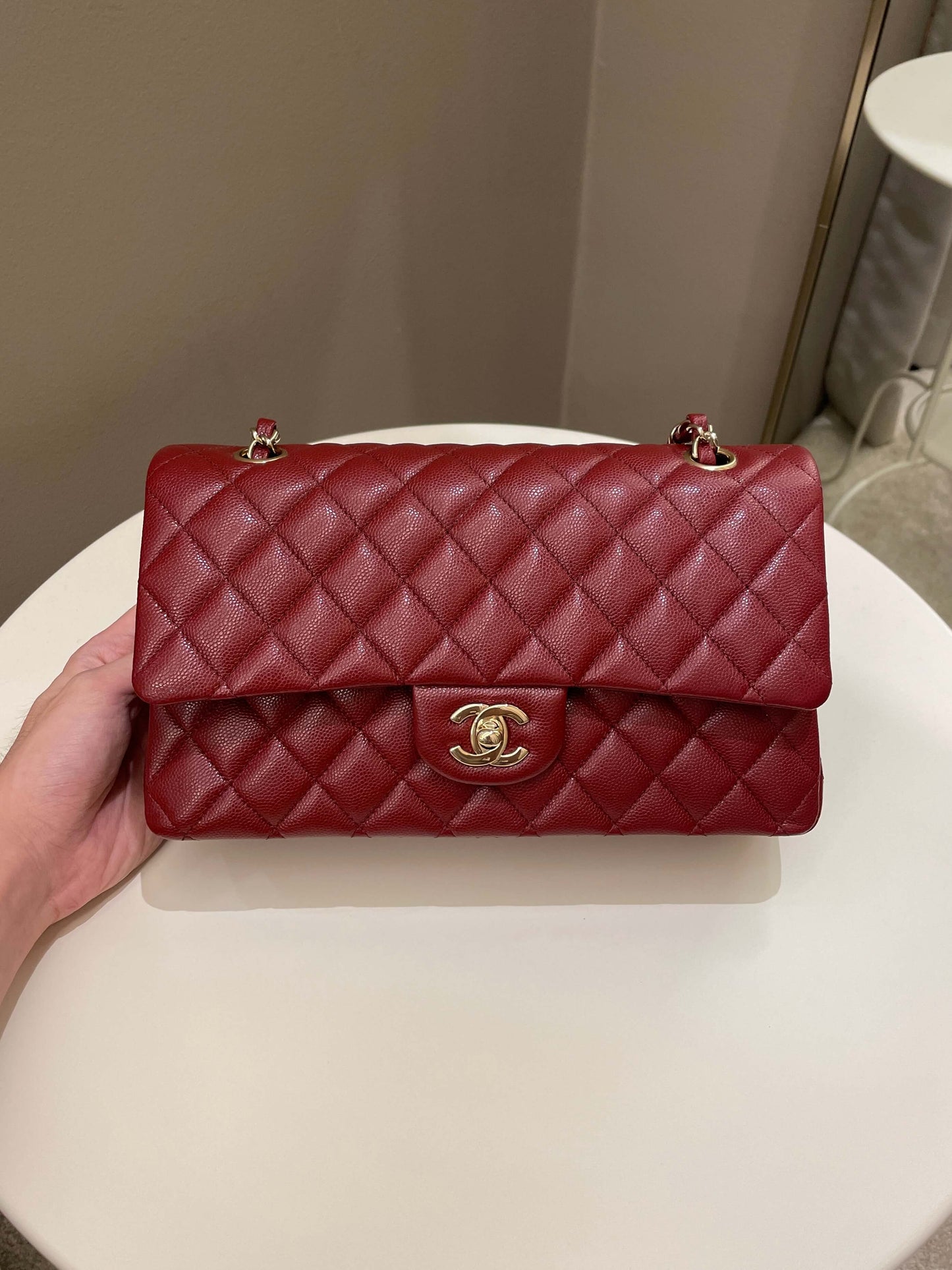 Luxury Chanel 19B Classic Medium Double Flap Burgundy Wine Caviar