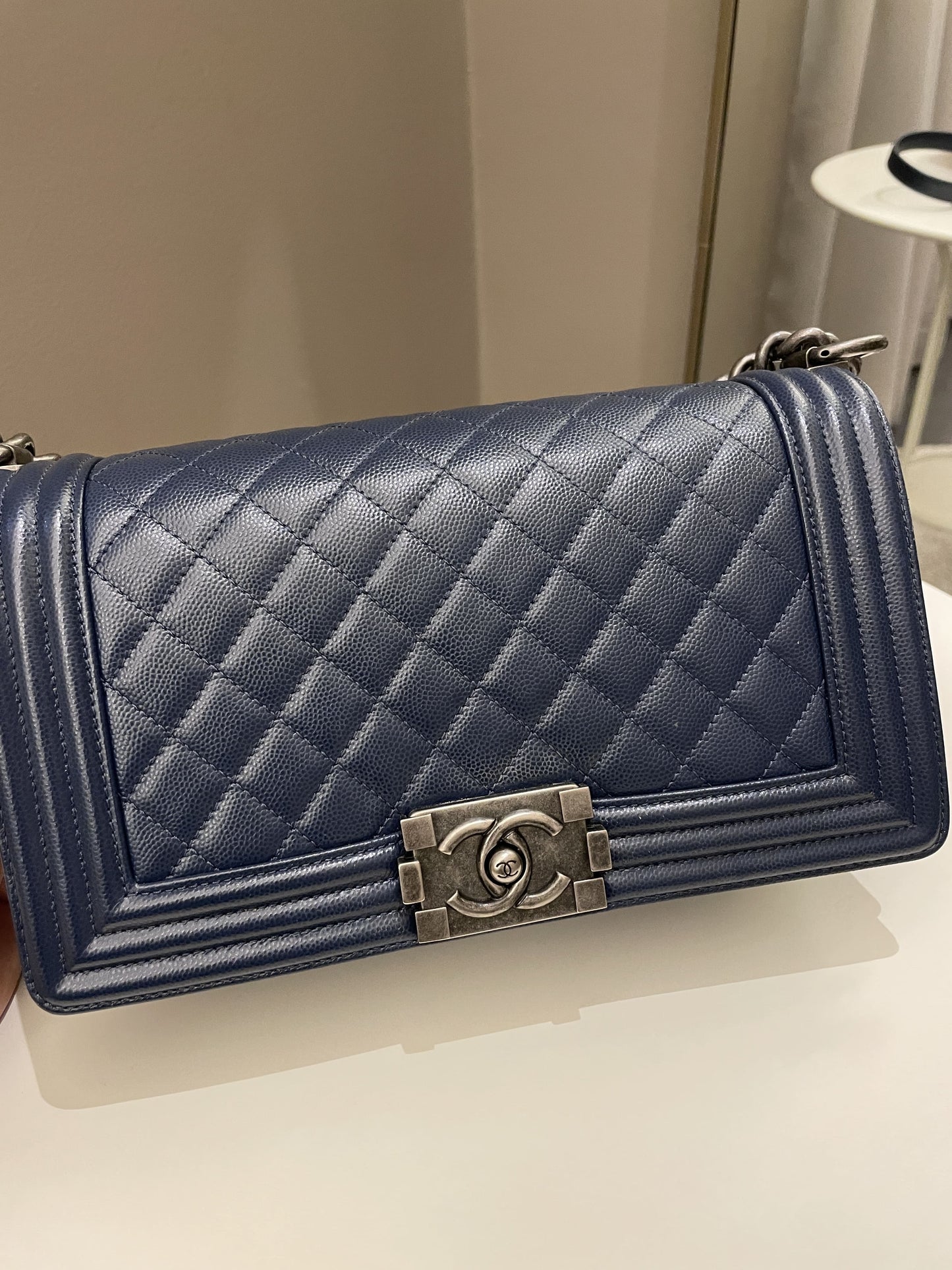 Luxury Chanel Quilted Boy Old Medium Navy Caviar