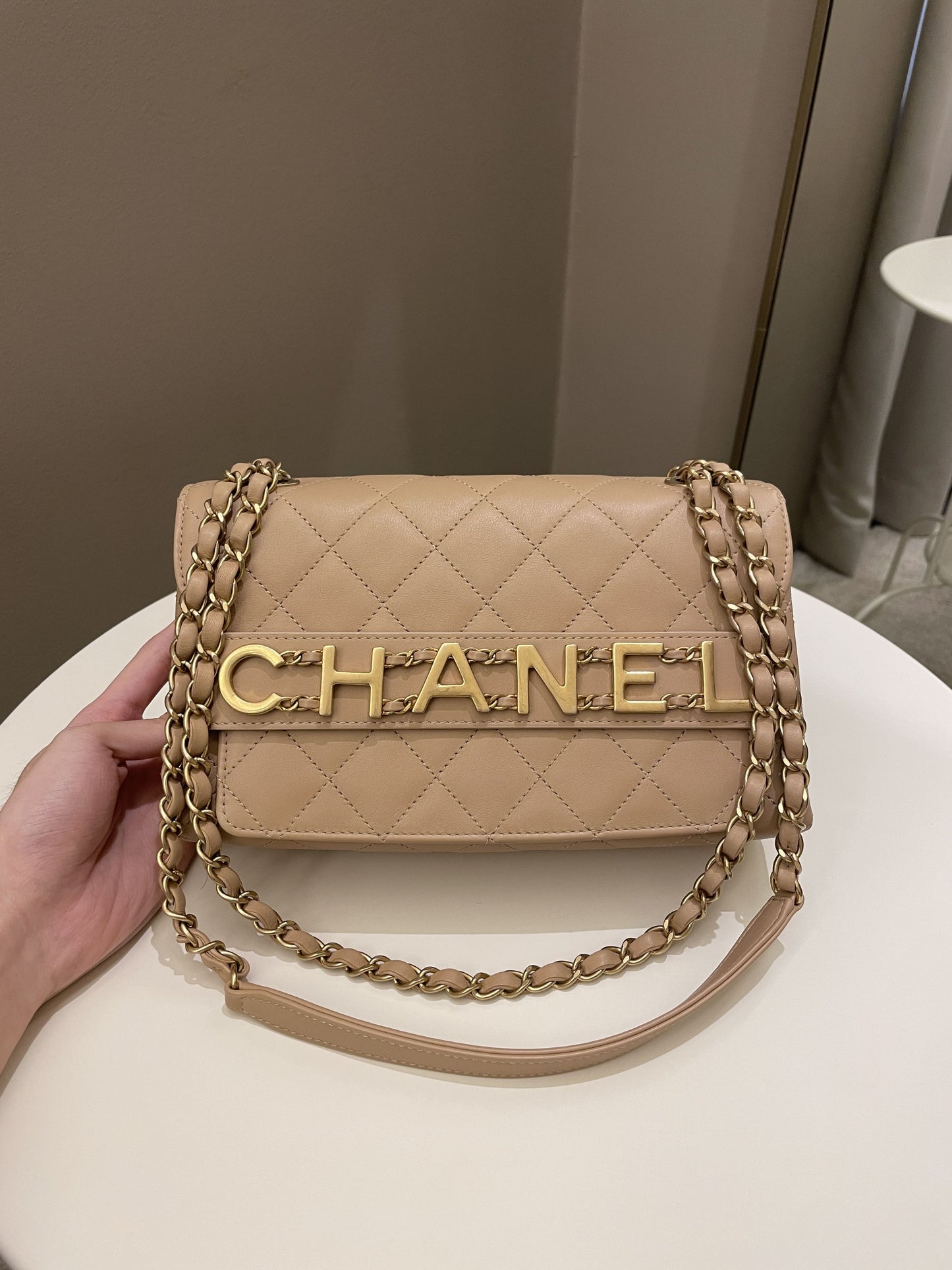 Luxury Chanel C H A N E L Lettering Flap Dark Beige Calfskin