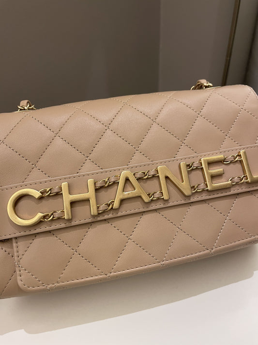 Luxury Chanel C H A N E L Lettering Flap Dark Beige Calfskin