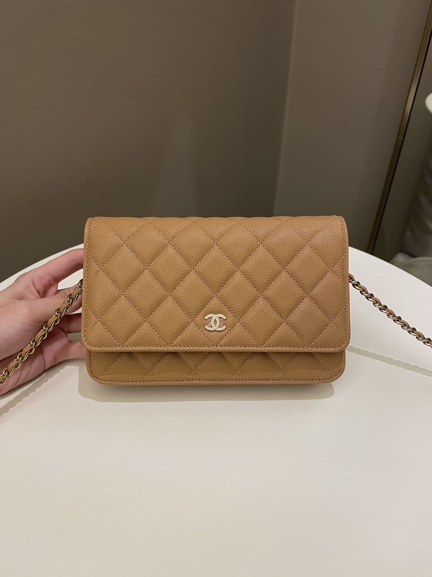 Luxury Chanel Classic Quilted Wallet on Chain Dark Beige Milk Tea Caviar