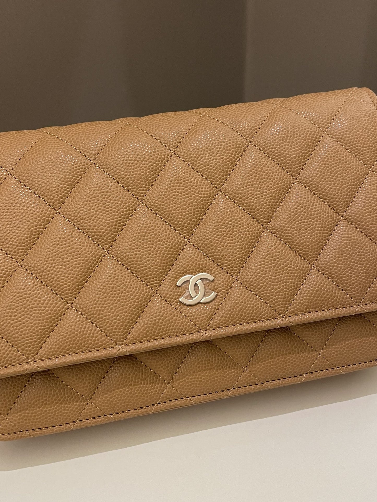 Luxury Chanel Classic Quilted Wallet on Chain Dark Beige Milk Tea Caviar