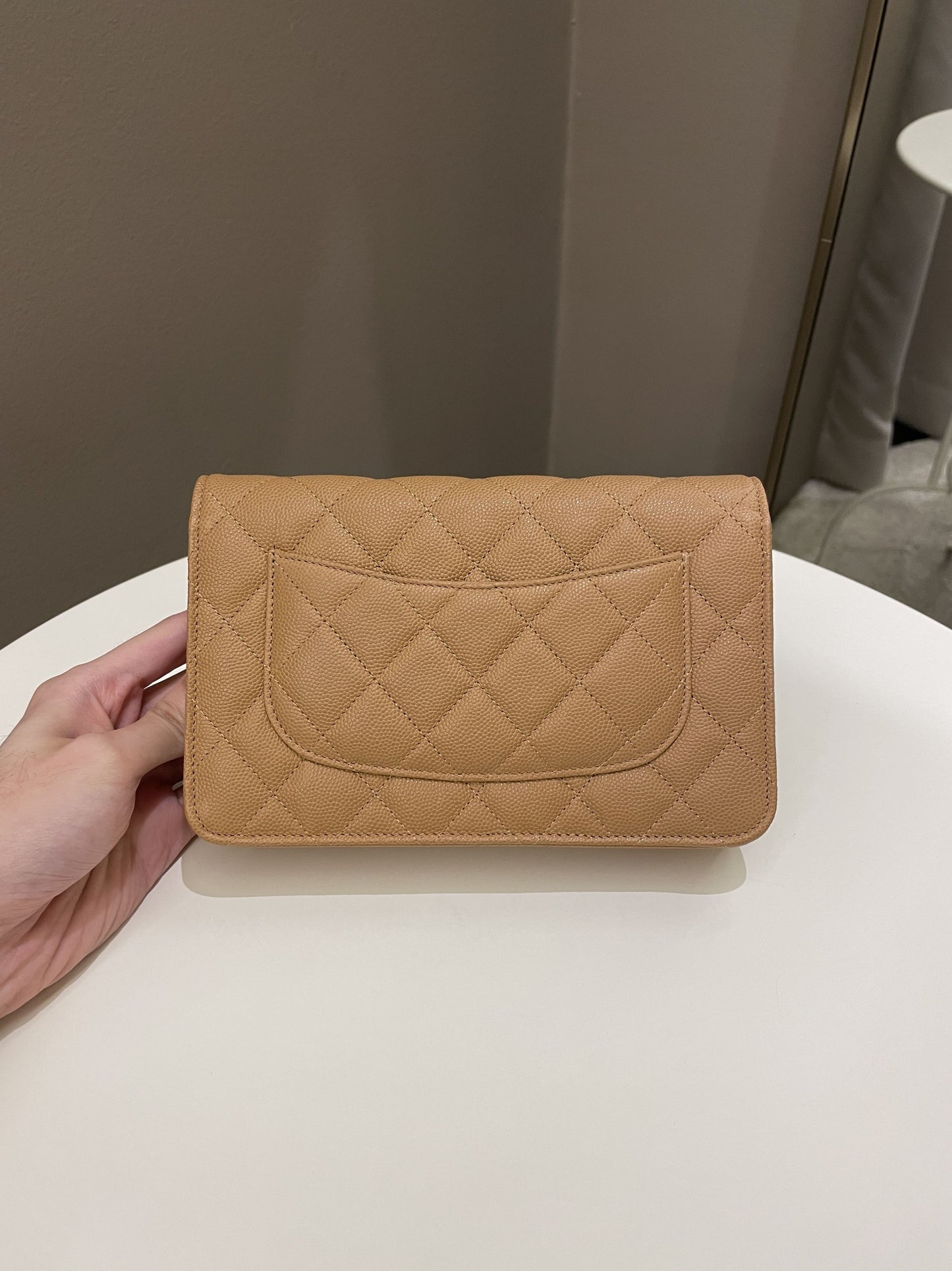 Luxury Chanel Classic Quilted Wallet on Chain Dark Beige Milk Tea Caviar