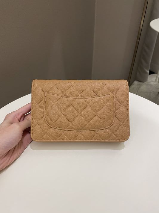 Luxury Chanel Classic Quilted Wallet on Chain Dark Beige Milk Tea Caviar