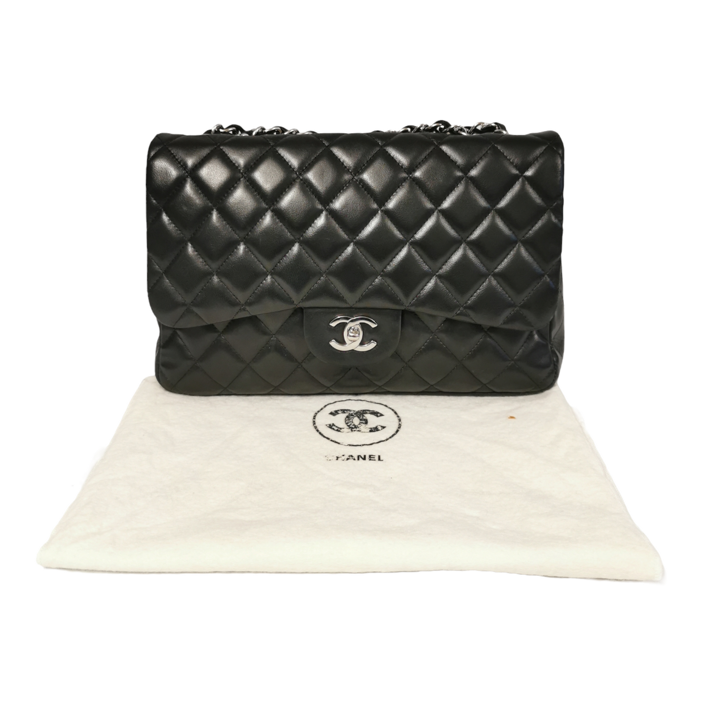 Luxury Chanel Classic Single Flap Jumbo Black Lambskin Silver