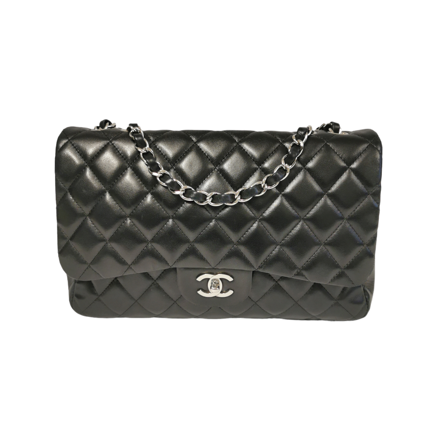 Luxury Chanel Classic Single Flap Jumbo Black Lambskin Silver