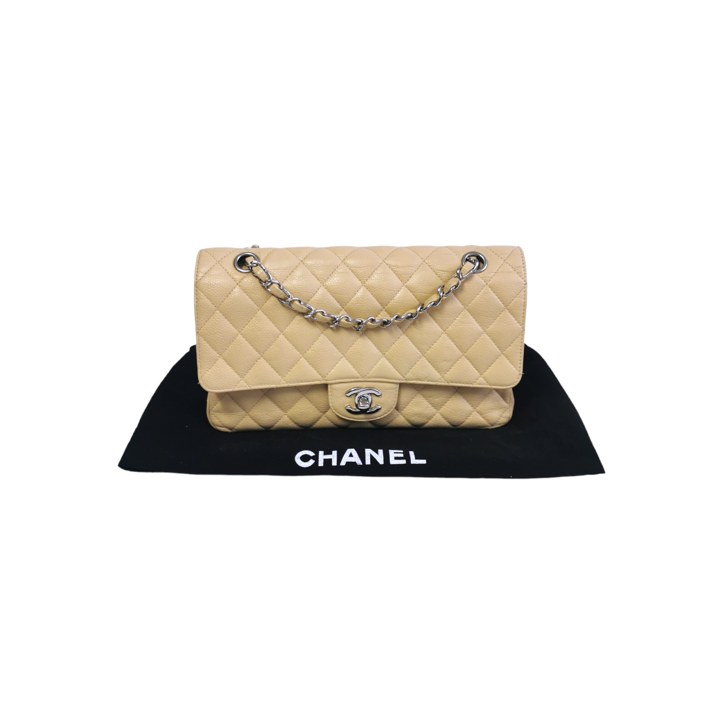 Luxury Chanel Classic Double Flap Medium Beige Caviar Silver