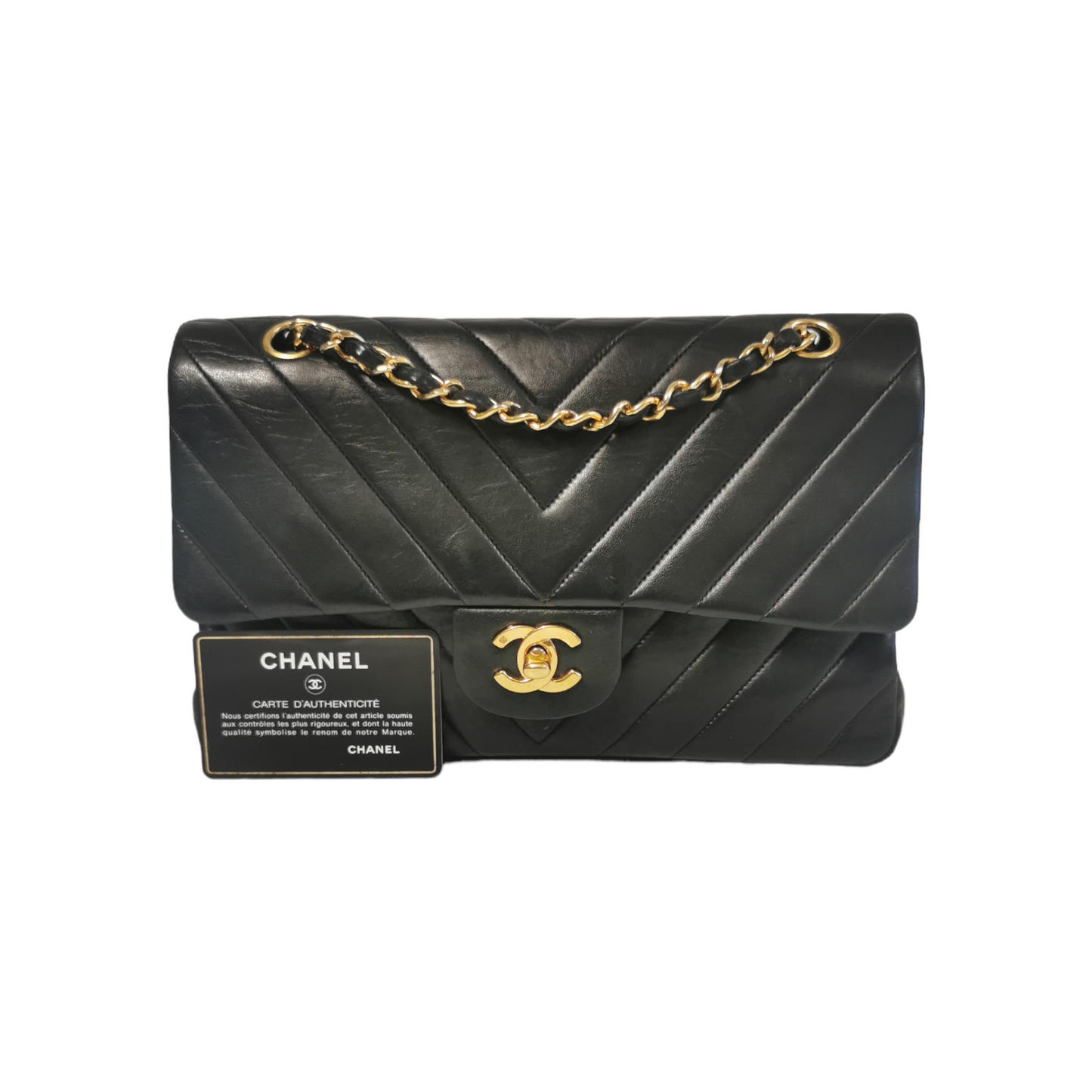 Luxury Chanel Classic Double Flap Chevron Black Lambskin Gold