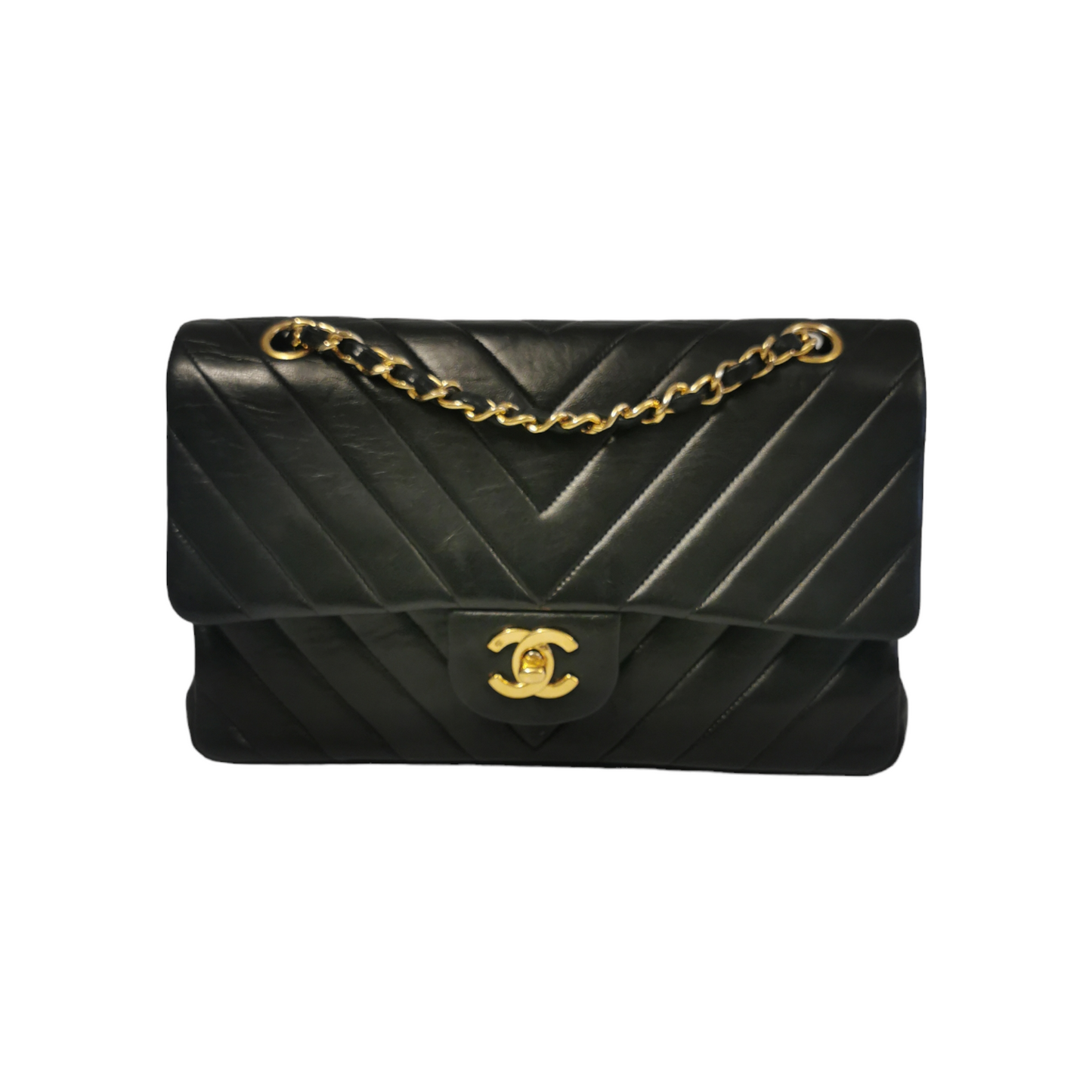 Luxury Chanel Classic Double Flap Chevron Black Lambskin Gold
