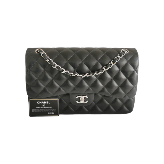 Luxury Chanel Classic Double Flap Jumbo Black Lambskin Silver