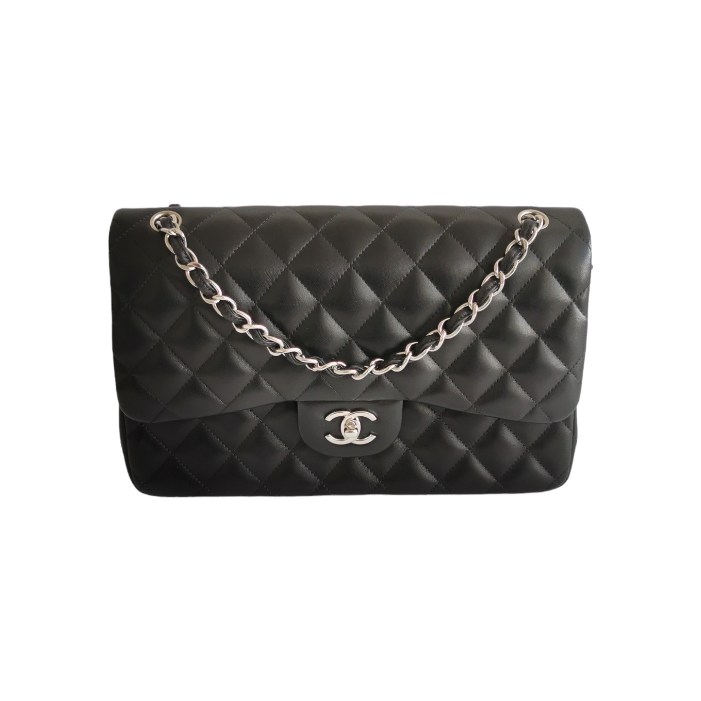 Luxury Chanel Classic Double Flap Jumbo Black Lambskin Silver