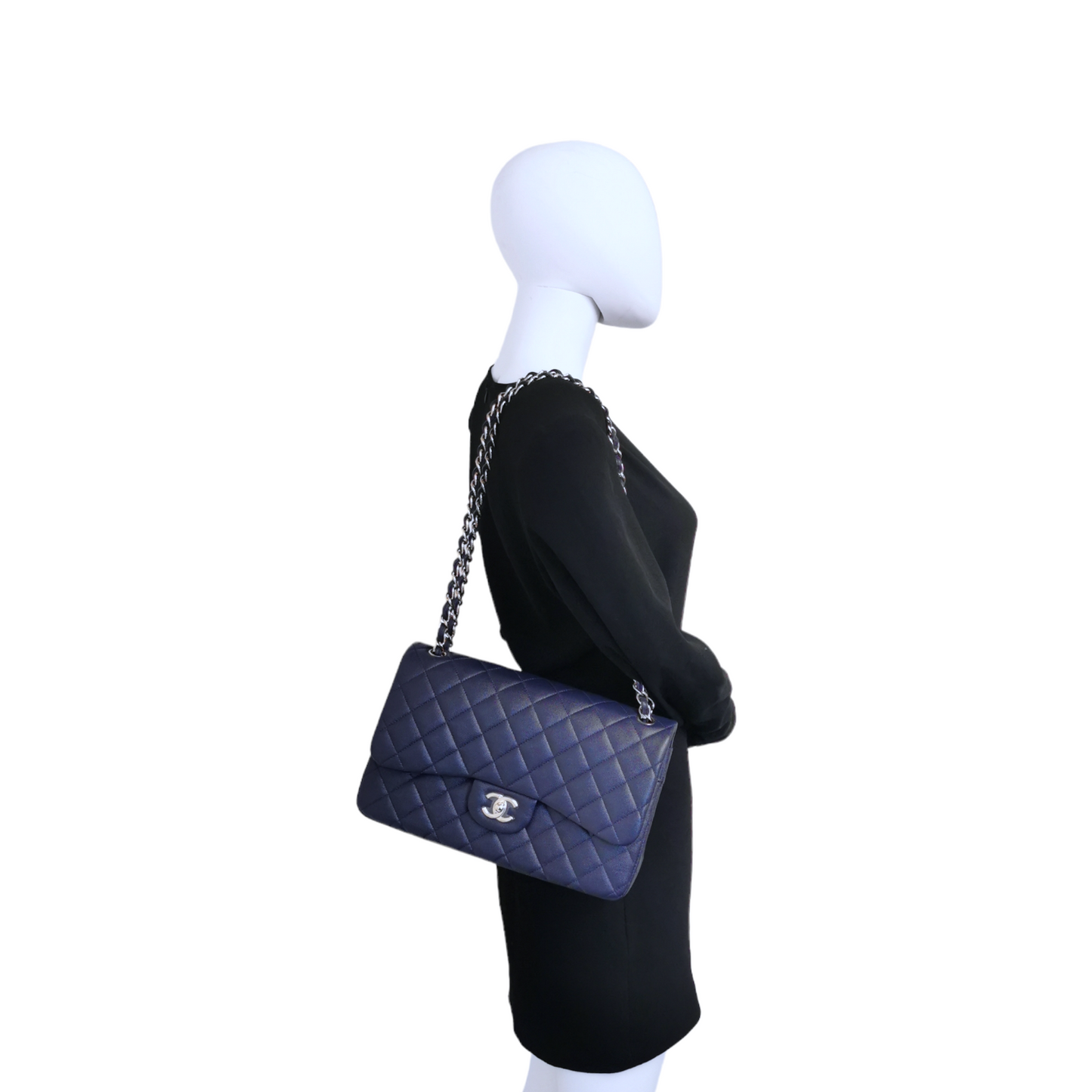 Luxury Chanel Classic Double Flap Jumbo Navy Blue Caviar Gold