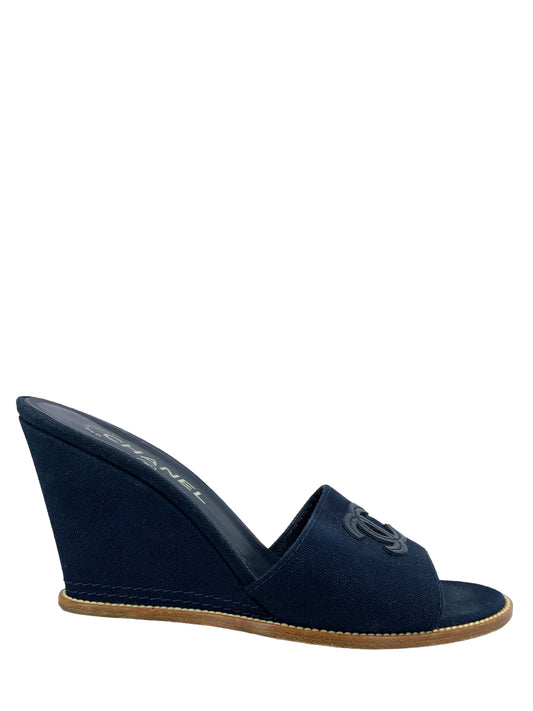 CHANEL Canvas CC Logo Wedge Sandals Size 8.5