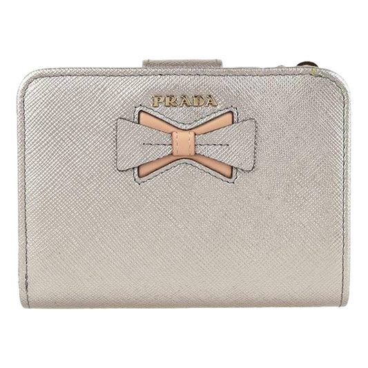 Luxury PradaSaffiano Gold Leather Bow Wallet with Coin Pouch