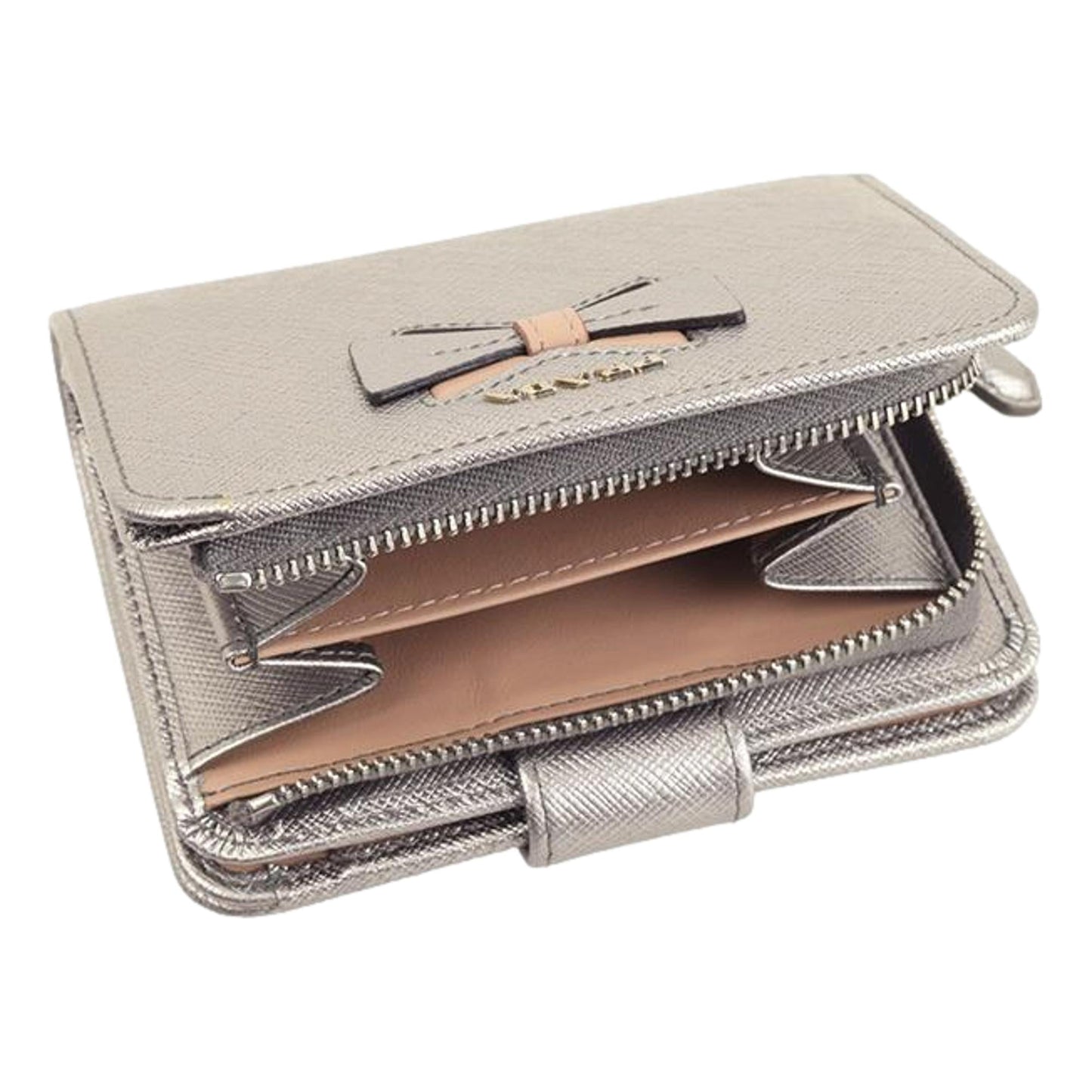 Luxury PradaSaffiano Gold Leather Bow Wallet with Coin Pouch