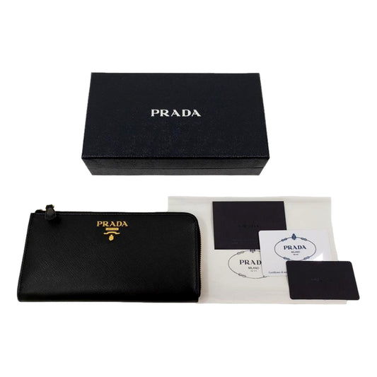 Luxury PradaSaffiano Long Continental Zip Wallet Black Leather Gold Logo