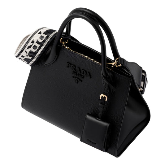 Luxury PradaMonochrome Saffiano Top Handle Crossbody Tote Bag Black