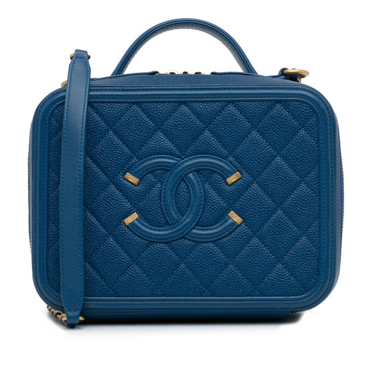Luxury Chanel CC Filigree Vanity Case Blue Caviar Gold