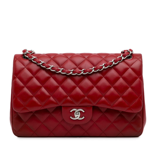 Luxury Chanel Classic Double Flap Jumbo Red Lambskin Silver