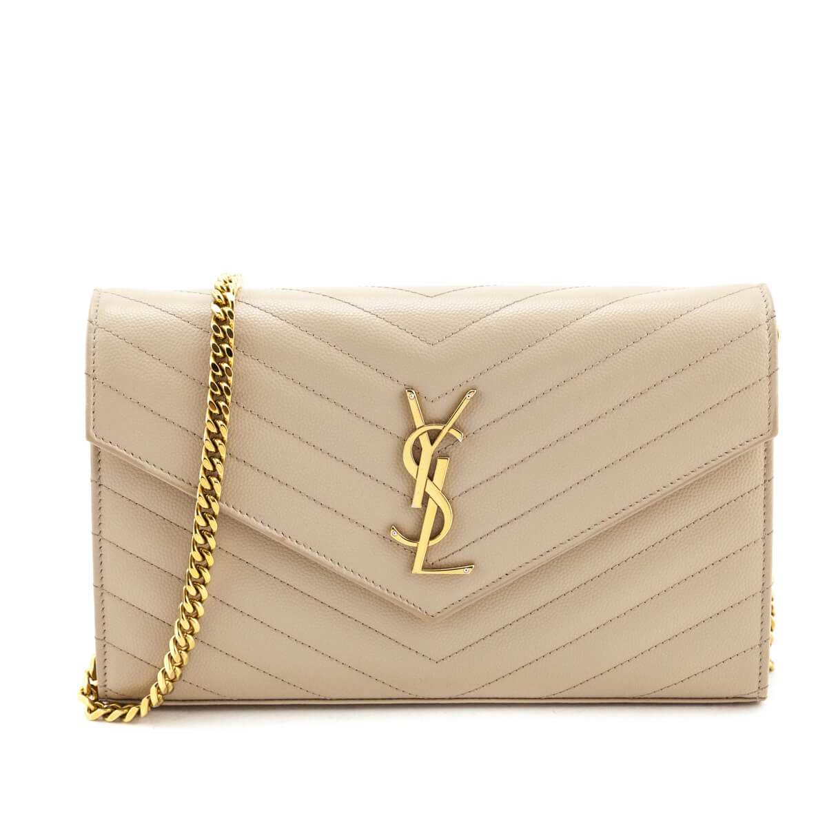 Luxury Saint Laurent Beige Grain De Poudre Matelasse Chevron Monogram Chain Wallet