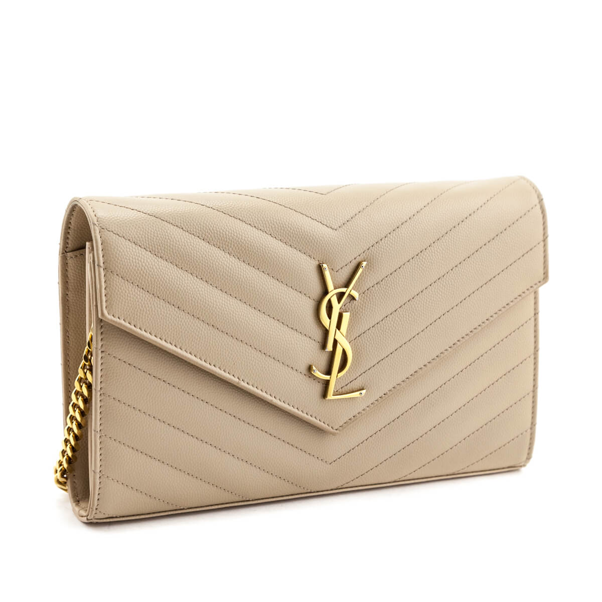 Luxury Saint Laurent Beige Grain De Poudre Matelasse Chevron Monogram Chain Wallet