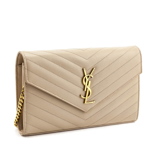 Luxury Saint Laurent Beige Grain De Poudre Matelasse Chevron Monogram Chain Wallet