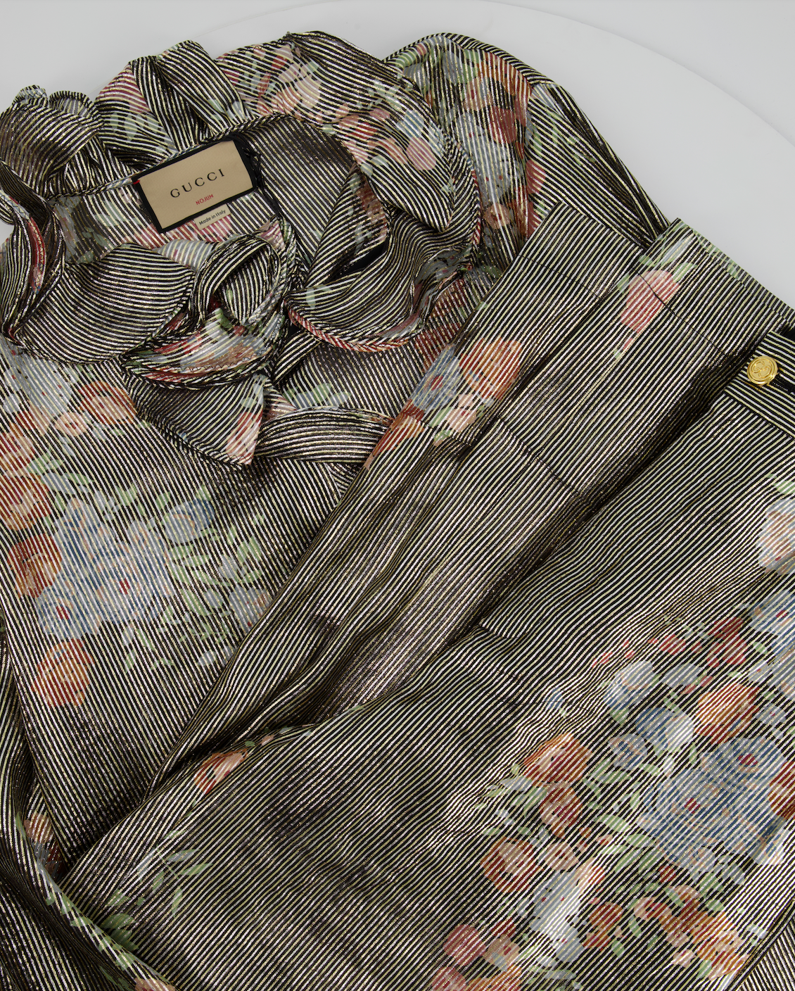 Luxury Gucci Trending 2025 Black Metallic Striped  Blouse and Trouser Set with Floral Detail Size UK 10-14